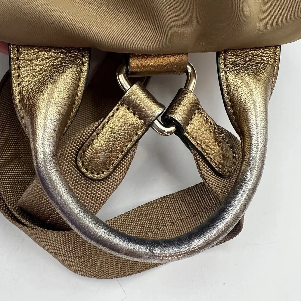 MZ Wallace Marlena Bedford Nylon Drawstring Backpack Tan Metallic Leather Trim